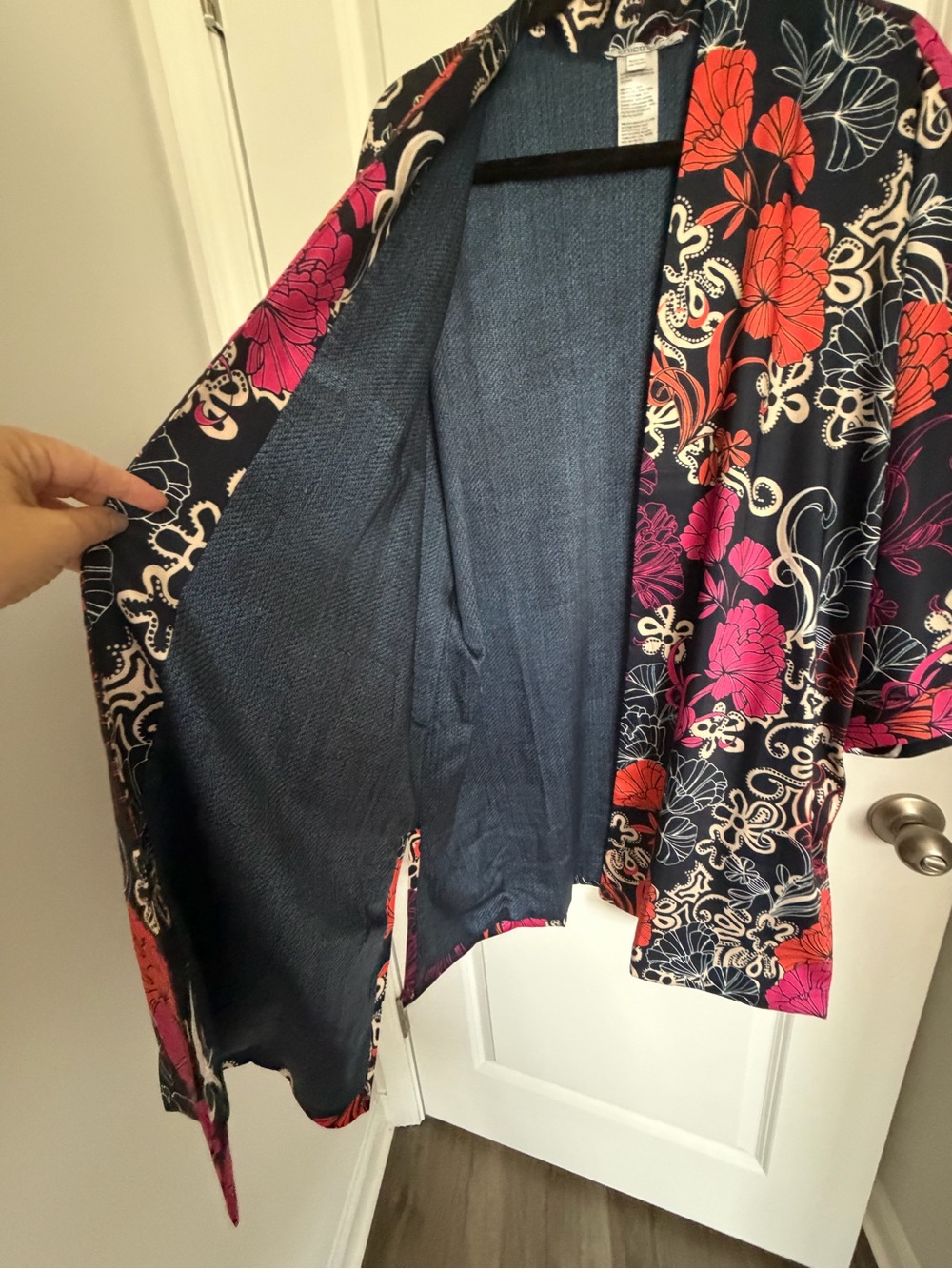 CHICOS NWOTFloral Kimono Robe - Navy with Pink & Orange Accents - Picture 2 of 7